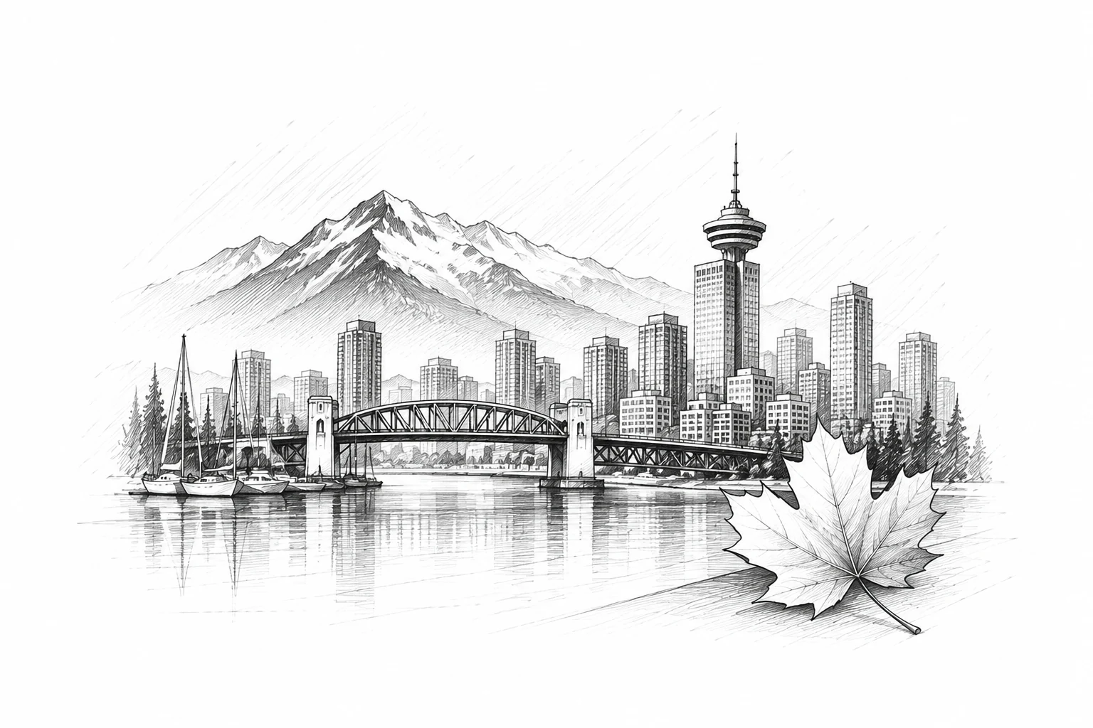 Pencil illustration of Canadian landscapes, map and maple leaf