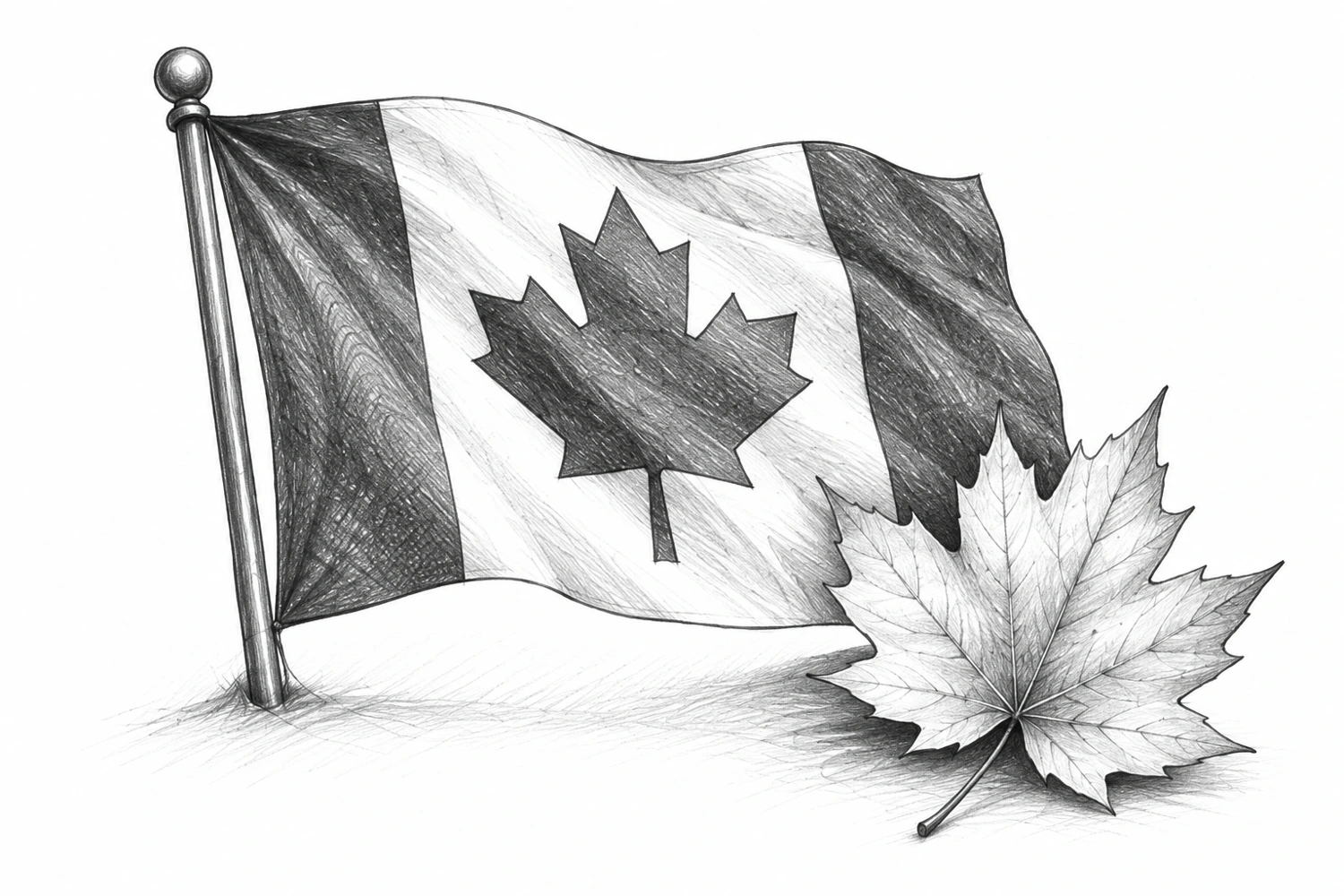 Pencil illustration of the Canadian flag and maple leaf